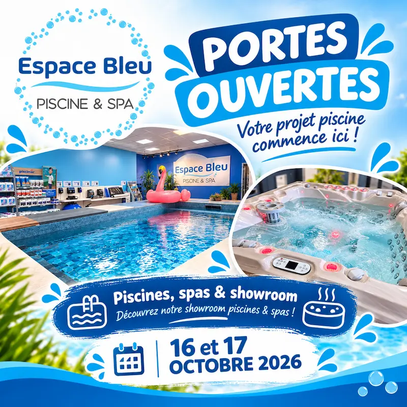 Affiche des portes ouvertes Espace Bleu les 16 et 17 octobre 2026 : piscine de démonstration et spa au showroom d’Ancenis