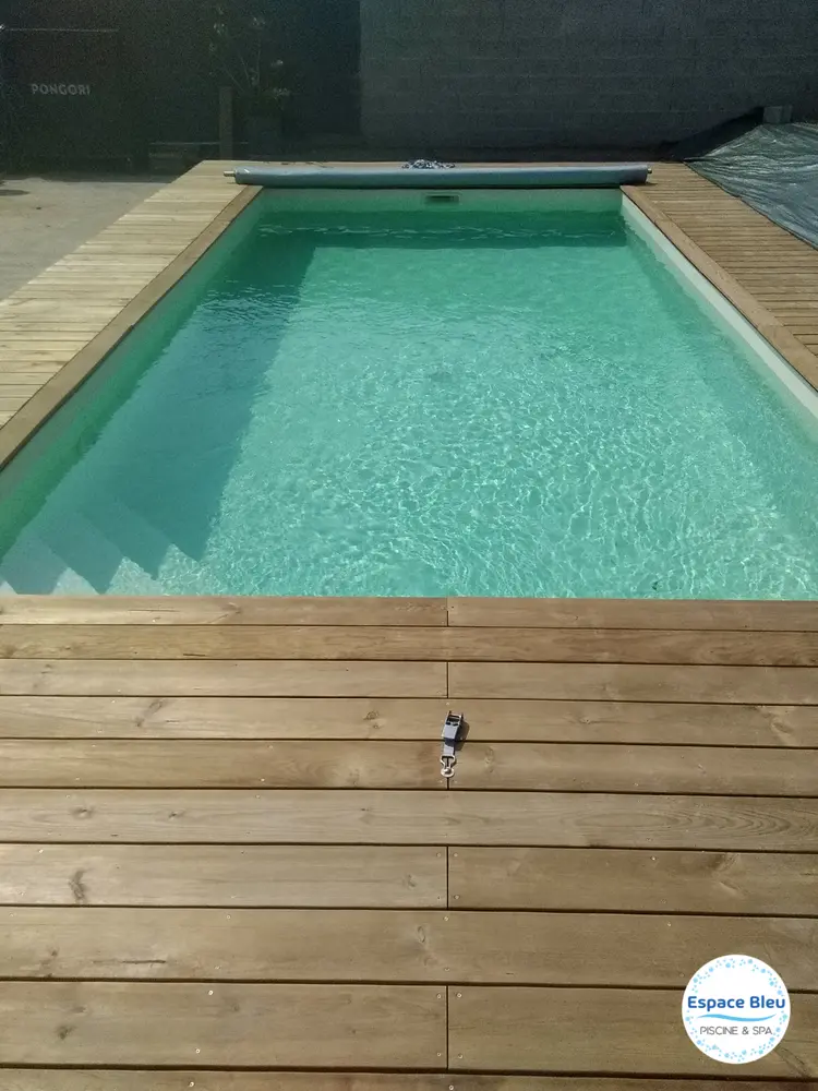 Piscine à eau verte entourée d’une terrasse bois