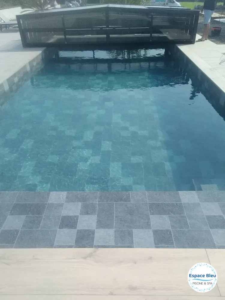 Piscine au revêtement gris et plage en dalles