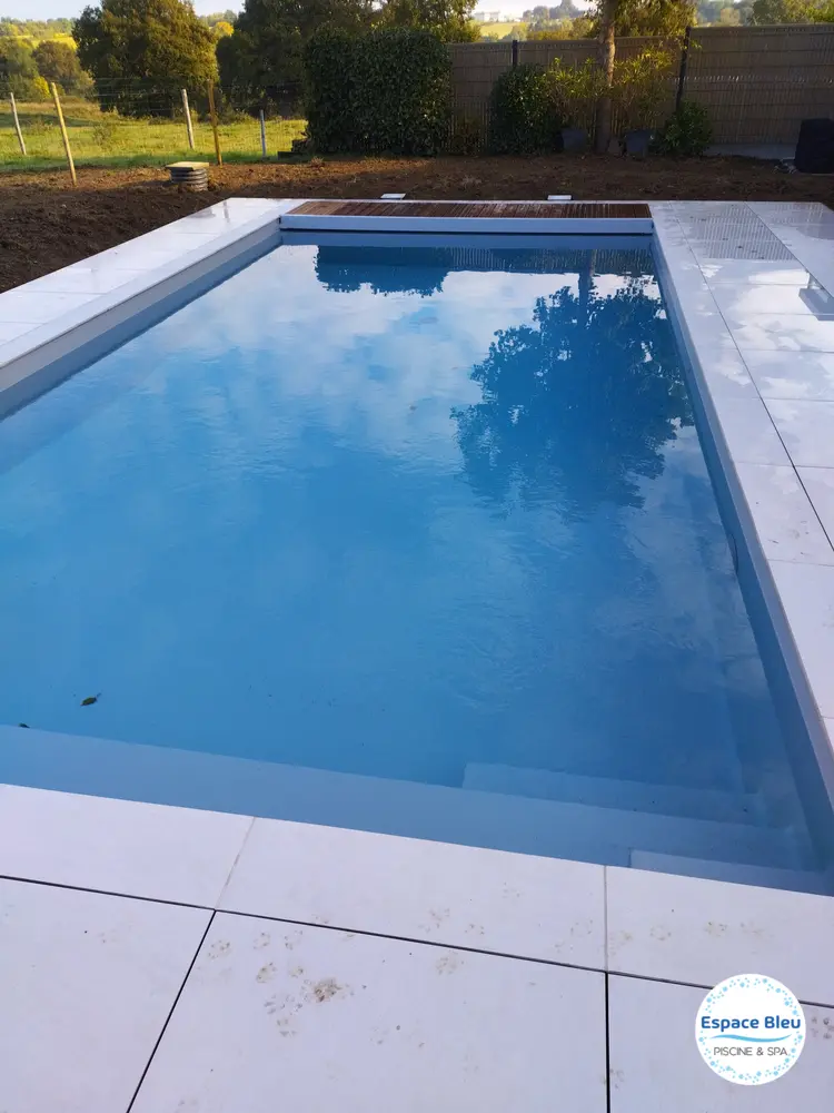 Piscine à eau bleue vue de dessus, margelle claire