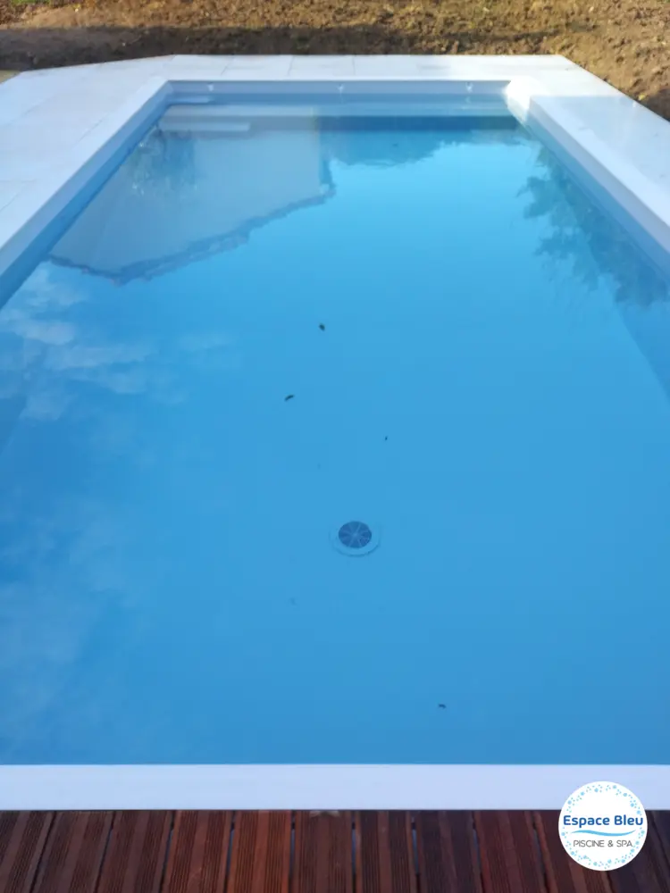 Piscine à eau bleue et terrasse bois
