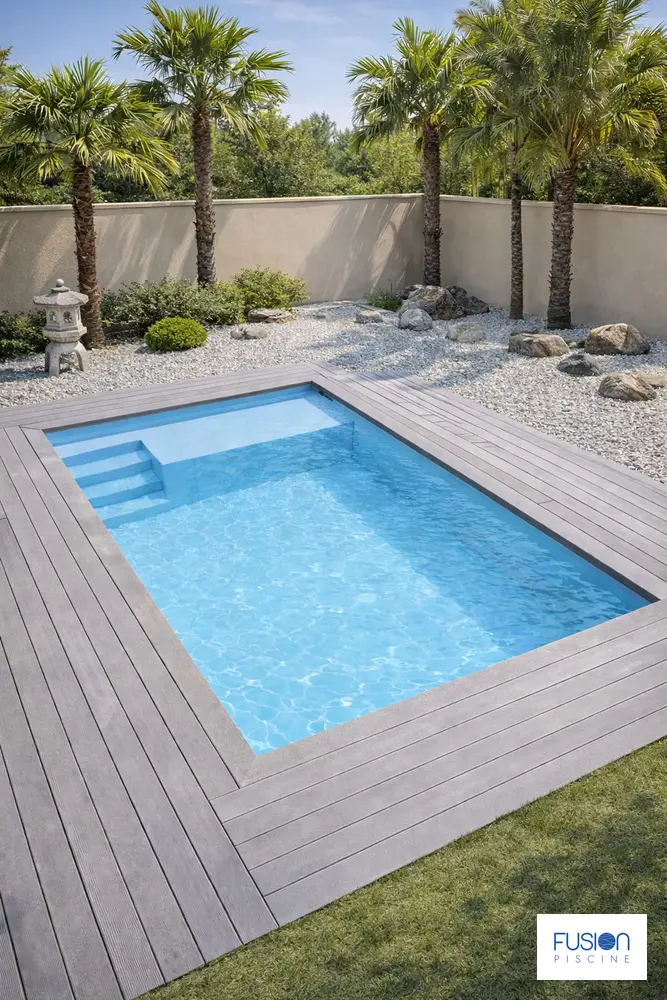 Illustration de la piscine coque Fusion 500 dans un jardin