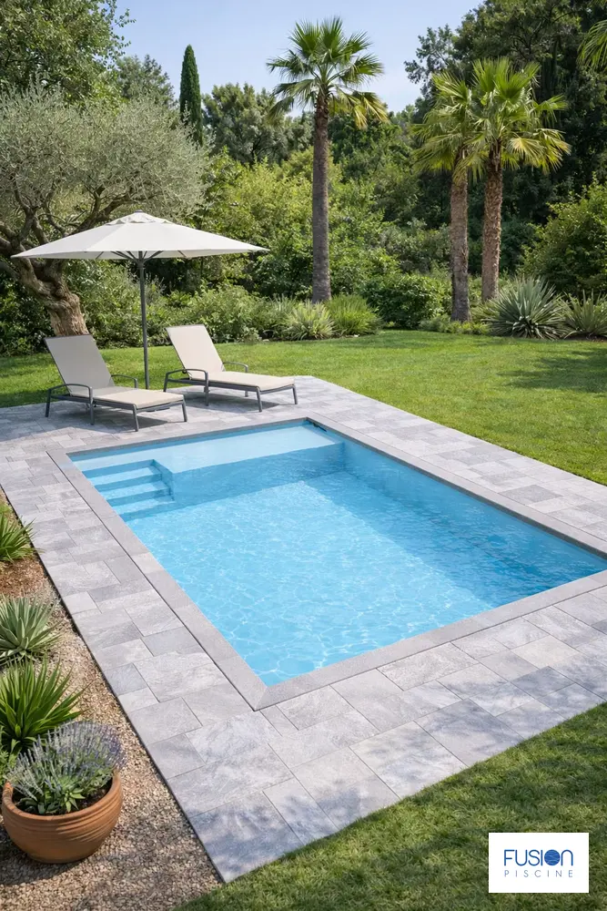Illustration de la piscine coque Fusion 600 dans un jardin