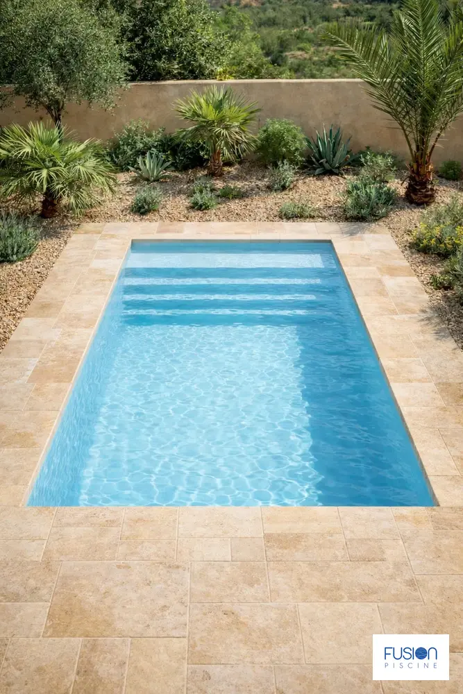 Illustration de la piscine coque Fusion 650 dans un jardin