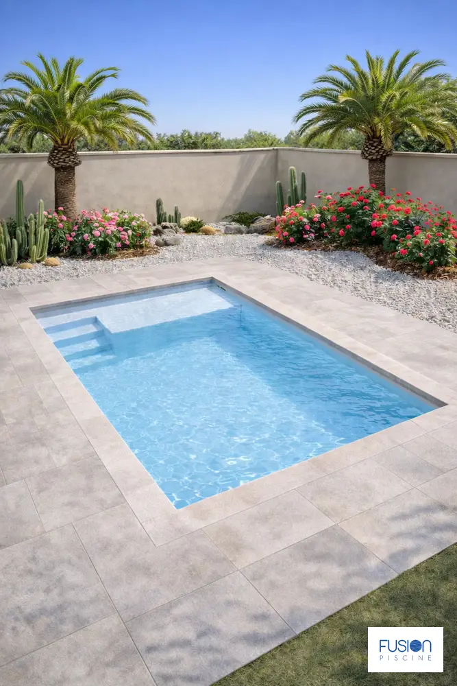 Illustration de la piscine coque Fusion 700 dans un jardin