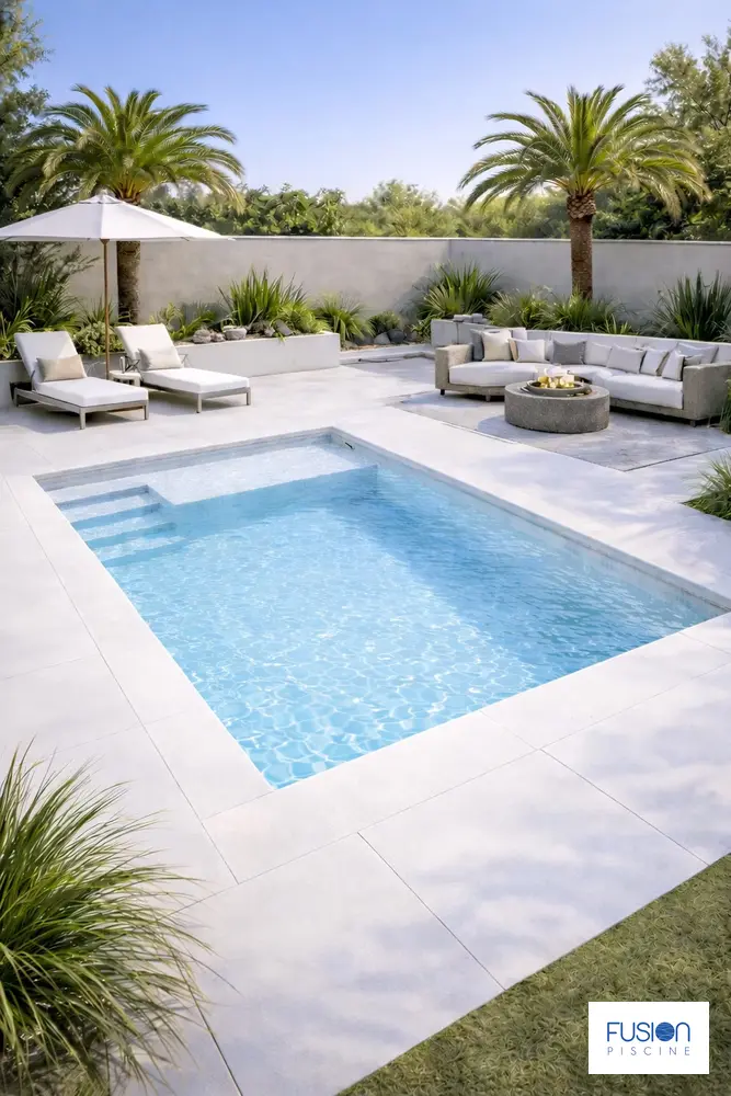 Illustration d’une piscine coque Fusion 800 intégrée à un jardin