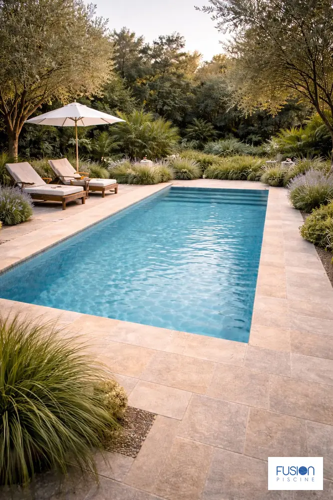 Illustration de la piscine coque Fusion 850 dans un jardin