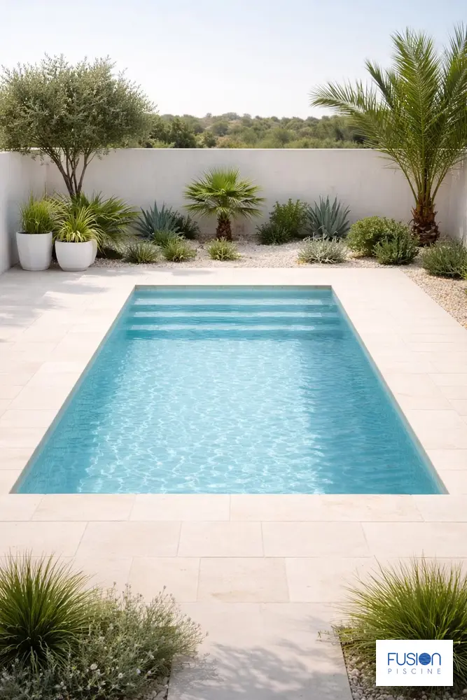 Illustration de la piscine coque Fusion 950 dans un jardin