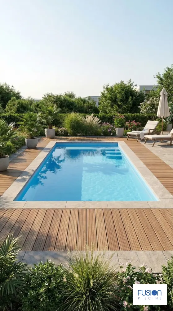 Illustration de la piscine coque Fusion Mini 10 m² dans un jardin